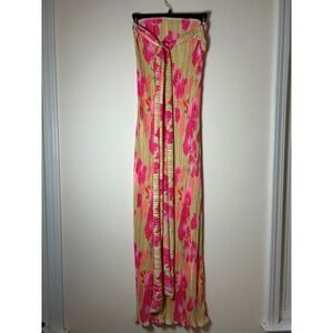 Pleated Strapless Maxi Dress Floral Print Pink Gold Resort Vacation small